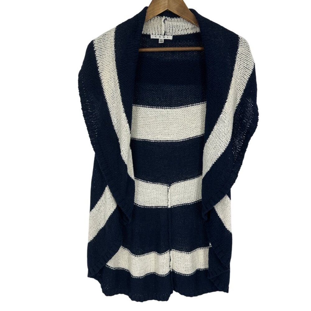 CAbi‎ Blue White Wide Stripe Nautical Skipper Knit Sweater Vest Cardigan Size XL